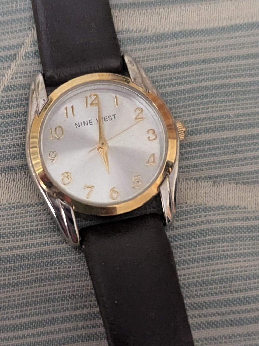 Nine West Two-Tone Gold & Silver Dial Watch with Black Leather Strap